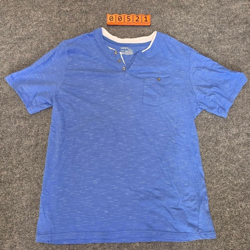 Vertical Blue heathered Henley shirt with white collar. Size XL.